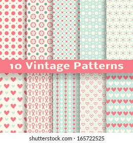 10 Vintage fashionable vector seamless patterns (tiling). Retro pink, white and blue colors. Endless texture can be used for printing onto fabric and paper, scrapbook. Heart, dot and flower shapes.