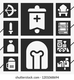 10 vintage  filled style icons about throne, helmet, sack, arch, beer, sword, banner, book, locomotive