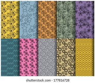 10 Vintage line fashionable vector seamless patterns (tiling). Retro pink, white and blue colors. 