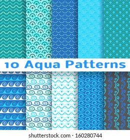 10 Wave different patterns (tiling). Vector illustration for abstract aqua design. Endless texture can be used for fills, web page background, surface. Set of blue wallpaper with curves.