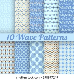 10 Wave different seamless patterns (tiling). Vector illustration for abstract aqua design. Endless texture can be used for fills, web page background, surface. Set of blue wallpaper with waves.