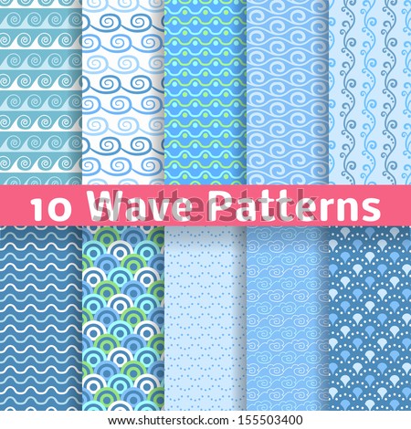10 Wave different seamless patterns (tiling). Vector illustration for abstract aqua design. Endless texture can be used for fills, web page background, surface. Set of blue wallpaper with curves.