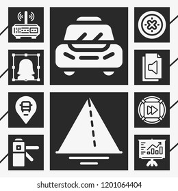 10 web  filled style icons about shield, fast forward, audio file, router, user, triangle, analytics, access, placeholder