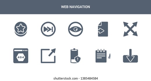 10 web navigation vector icons such as download, edit, empty battery, enlarge, error page contains expand, export, eye, fast forward, favorites button. web navigation icons