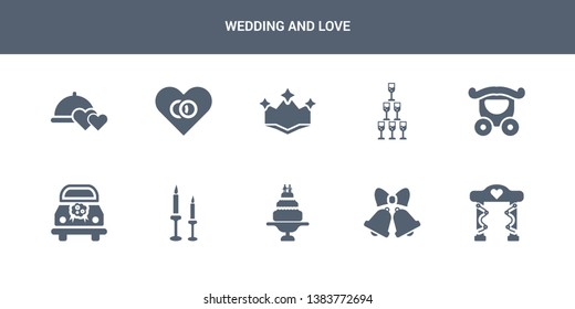 10 wedding and love vector icons such as wedding altar, wedding bells, cake, candle, car contains carriage, champagne, crown, day, dinner. and love icons