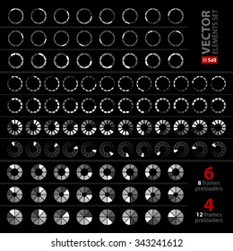 10 white and grey loading icons animation frames on black background. RGB EPS 10 vector elements set