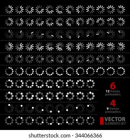 10 iconos blancos y grises cargando cuadros de animación sobre fondo negro. Juego de elementos vectoriales RGB EPS 10