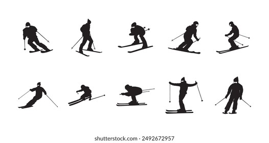 10 Winter Ski Silhouette Vector Set