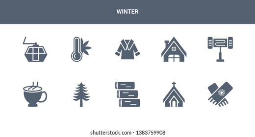 10 winter vector icons such as stall, chapel, logs, fir, hot tea contains electric heater, chalet, fur coat, heat, ski lift. winter icons