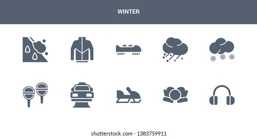 10 winter vector icons such as earmuffs, snow ball, snowmobile, snowplow, snowshoes contains snowy, hail, bobsled, winter clothes, avalanche. winter icons