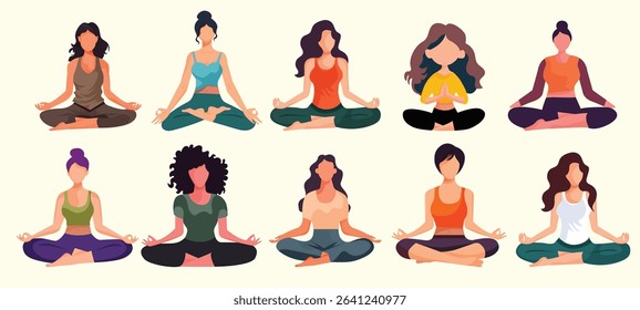 10 Women yoga ,meditating in lotus pose,group training,females practice breath exercises sitting in asana.Flat cartoon hand-drawn character.Harmony of body and soul concept.Isolated.Vector