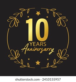 10 year anniversary celebration banner template design. 10 years experience logo or 10 years logo vector on white and black background. Gold color 10 year anniversary vector.