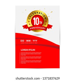 10 year anniversary celebration. Anniversary logo design with golden badge. Poster design elegance.