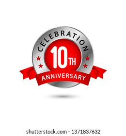 10 year anniversary celebration. Anniversary logo design with golden badge. Poster design elegance.