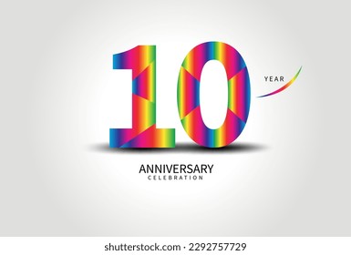 10 Year Anniversary Celebration Logo colorful vector, 10 Number Design, 10th Birthday Logo, Logotype Number, Vector Anniversary For Celebration, Invitation Card, Greeting Card. logo number Anniversary