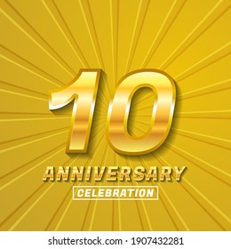 10 Year Anniversary Celebration Logotype. Logo,ribbon Golden Number On Yellow Background.Numbers Ribbon Gold Foil.