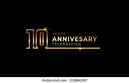 10 Year Anniversary Celebration Logotype with Golden Colored Font Numbers Made of One Connected Line for Celebration Event, Wedding, Greeting card, and Invitation Isolated on Dark Background