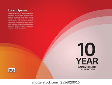 10 year anniversary celebration logotype on red background for poster, banner, leaflet, flyer, brochure, web, invitations or greeting card, 10 number design, 10th Birthday invitation, anniversary logo