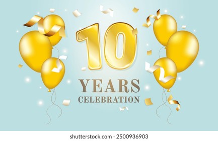 10 Year Anniversary Celebration. The number 10 gold and balloons.