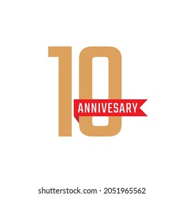 10 Year Anniversary Celebration with Red Ribbon Vector. Happy Anniversary Greeting Celebrates Template Design Illustration