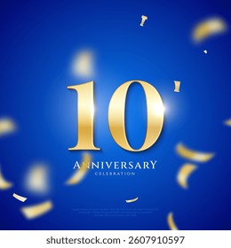 10 year Anniversary celebration, ten year Anniversary celebration On Red background for celebration event, festive illustration, Anniversary Golden number sparkling confetti.