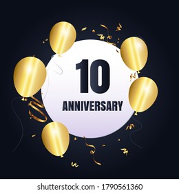 Celebración del 10 aniversario, diseño vectorial para celebraciones, tarjetas de invitación y tarjetas de felicitación