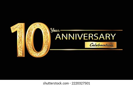 10 Year Anniversary celebration Vector Design. 10th Anniversary celebration. Gold Luxury Banner of 10th Anniversary celebration with glitter 3D. Vector anniversary