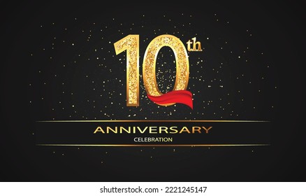 10 Year Anniversary celebration Vector Design with red ribbon and glitter. 10th Anniversary celebration. Gold Luxury Banner of 10th Anniversary. celebration card