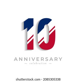 10 Year Anniversary Celebration with White Slash in Red and Blue American Flag Color. Happy Anniversary Greeting Celebrates Event Isolated on White Background