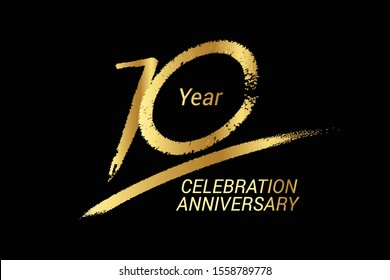 10 year anniversary chalk, golden ink Style , minimalist logo. years, jubilee, greeting card. Birthday invitation sign. Black space vector illustration on white background - Vector