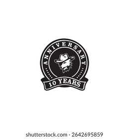 10 Year Anniversary Circle Budge Logo Design, Black Emblem with Cowboy Wolf Head, Celebration, Milestone, Branding, Business Event, Vector Illustration