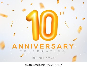 10 year anniversary gold number celebrate jubilee vector logo background. 10th anniversary event golden birthday design