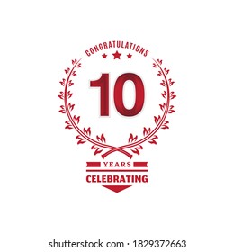 10 year anniversary logotype with red color on white background for celebration event