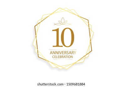 10 year anniversary, minimalist logo. Tenth years, jubilee, greeting card. Birthday invitation. year sign. Gold square space vector illustration on white background - Vector