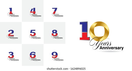 10 Year Anniversary Set 1, 2, 3, 4, 5, 6, 7, 8, 9 Vector Template Design Illustration