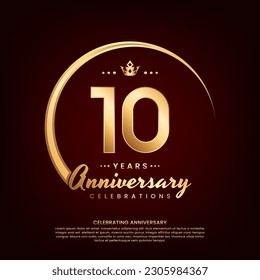 10 year anniversary template design with golden number and ring for birthday celebration event, invitation, banner poster, flyer, and greeting card, vector template