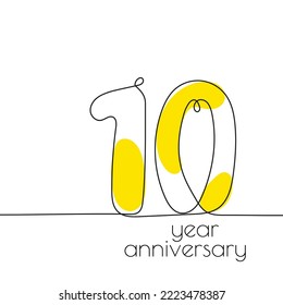 10 year anniversary. Vector illustration 10th hand drawn with continuous line.