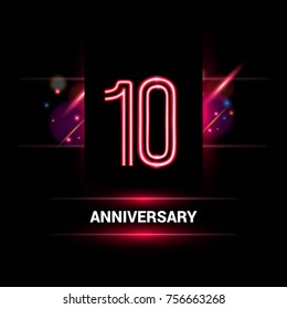 10 Year Anniversary vector logo design using neon style with flare ornament isolated on dark background