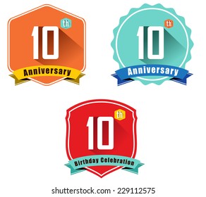 10 Year Birthday Celebration Flat Color Vintage Label Badge, 10th Anniversary Decorative  Emblem - Vector Illustration Eps10