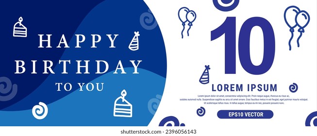 10 year celebration Creative Happy Birthday Text. Blue color decorative banner design, Vector illustration.