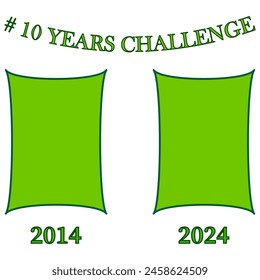 10 Year Challenge concept vector. Green banners marked 2014 and 2024. Social media challenge illustration. Time comparison design.