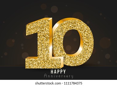 10 - year happy anniversary banner. 10th anniversary gold logo on dark background.