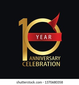 10 year minimalist logo years, jubilee, greeting card. Red and Gold Ribbons for Birthday invitation. Sign Ribbon Gold space vector illustration on black background - Vector