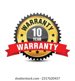 10 year warranty badge sign symbol icon insignia with red color ribbon on top isolated on white background. Vector illustration.