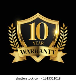 10 year warranty logo with golden shield and golden ribbon.Vector illustration.