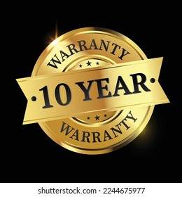 10 year warranty logo with golden shield and golden ribbon.Vector illustration.