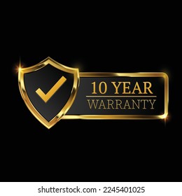 10 year warranty logo with golden shield and golden ribbon.Vector illustration.