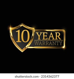 10 year warranty logo with golden shield and golden ribbon.Vector illustration.