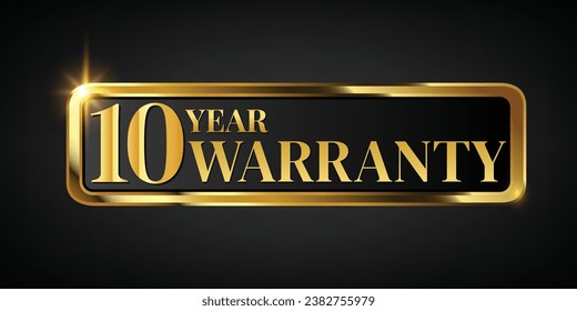 10 year warranty logo with golden banner and golden ribbon.Vector illustration.