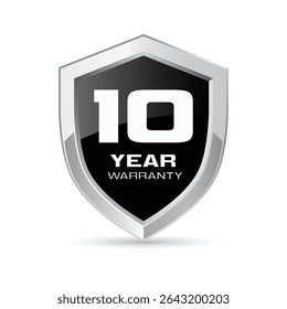 10 anos de garantia de escudo de metal prata na ilustração de vetor de cor preta. Ícone de proteção de garantia de dez anos. Crachá de segurança metálico. Emblema de metal preto brilhante.
